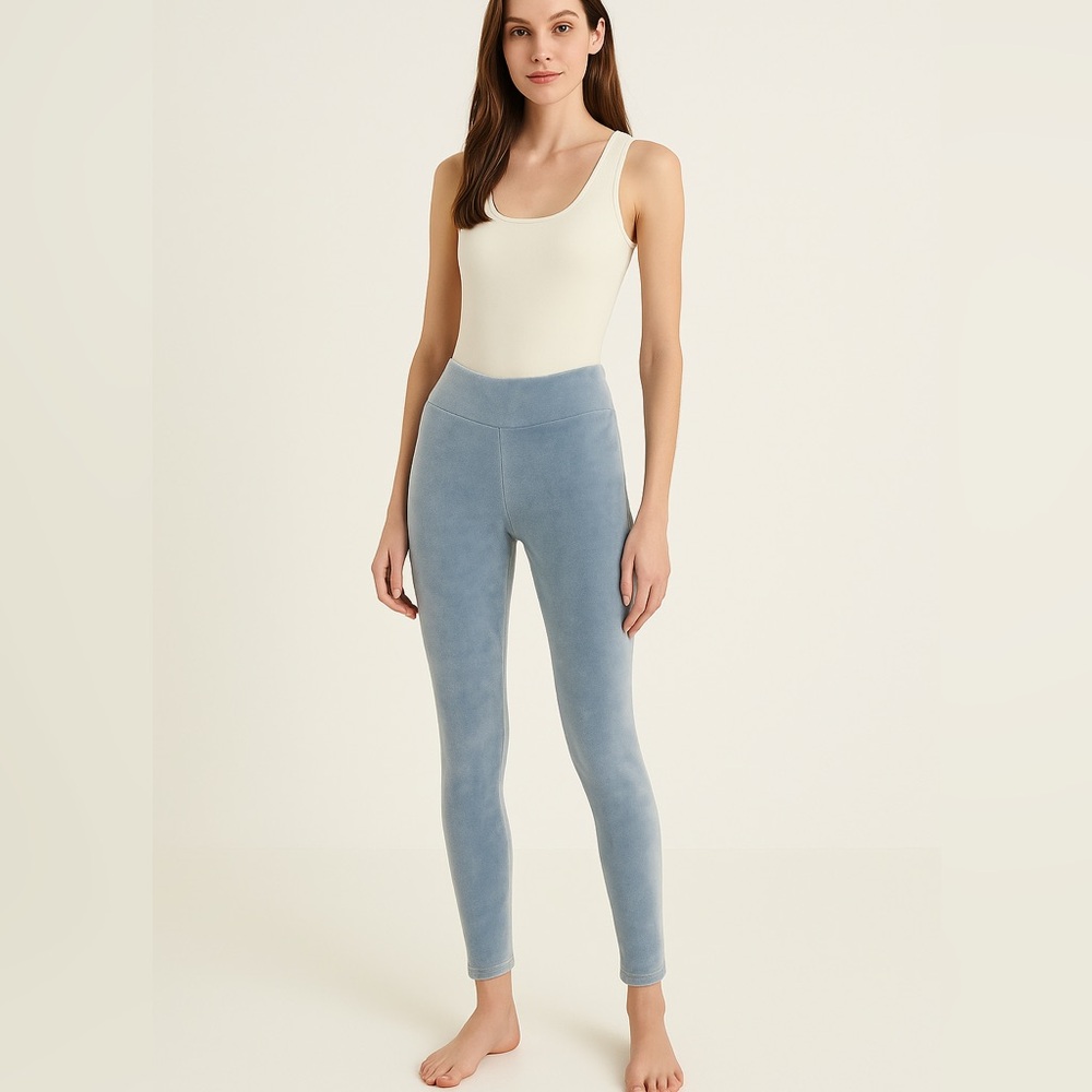 Jera Women’s Plush Velour High Waist Leggings Soft Cozy Blue Size Small